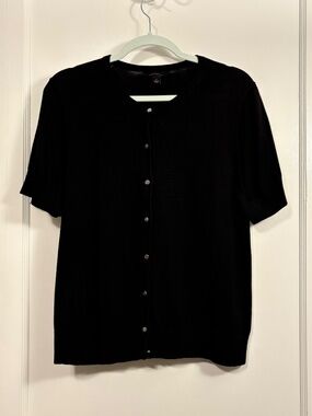 Ann Taylor Black Silk Blend Short Sleeve Crew Neck Cardigan, Large